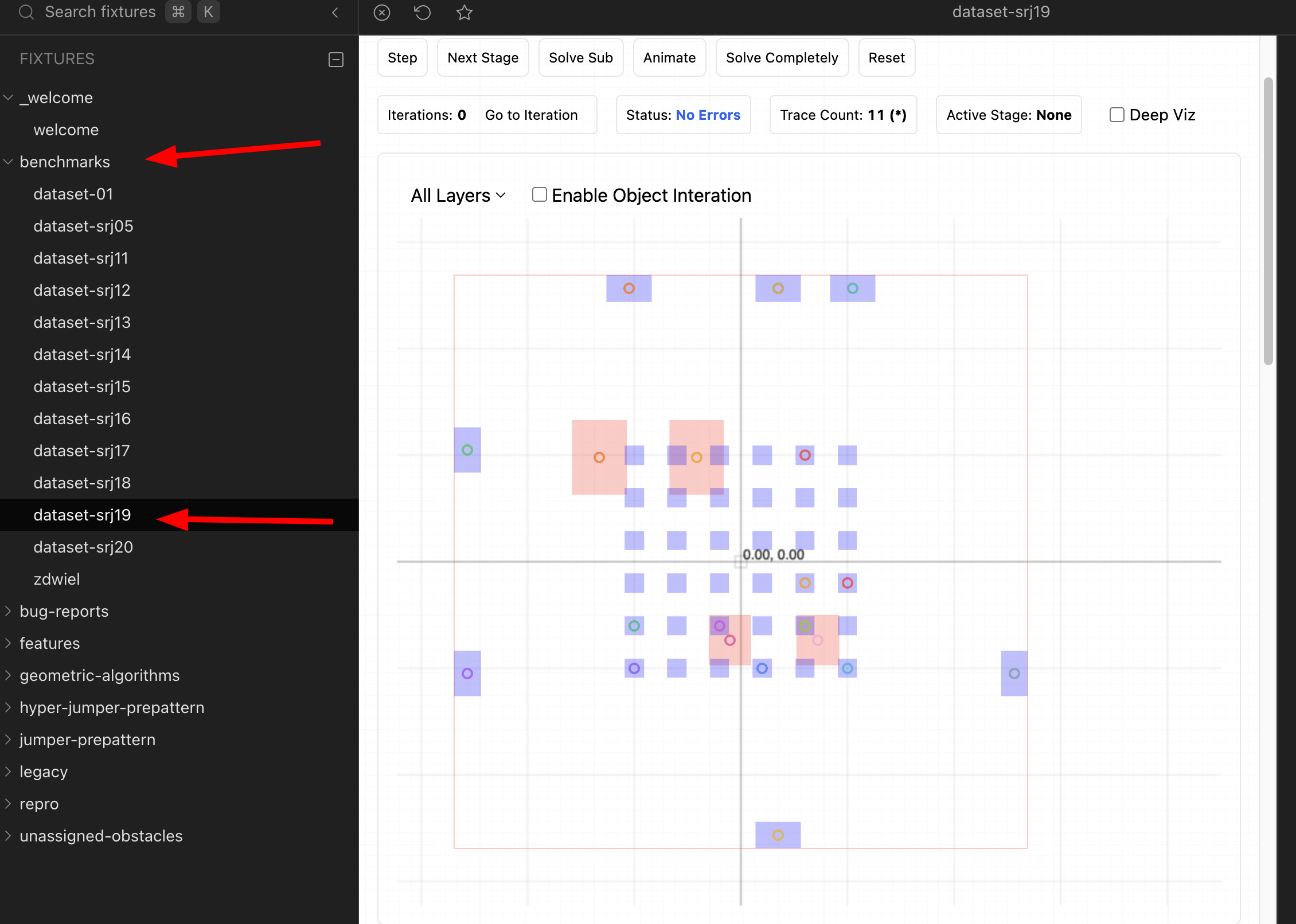 Autorouter benchmark sidebar showing dataset-srj19 selected